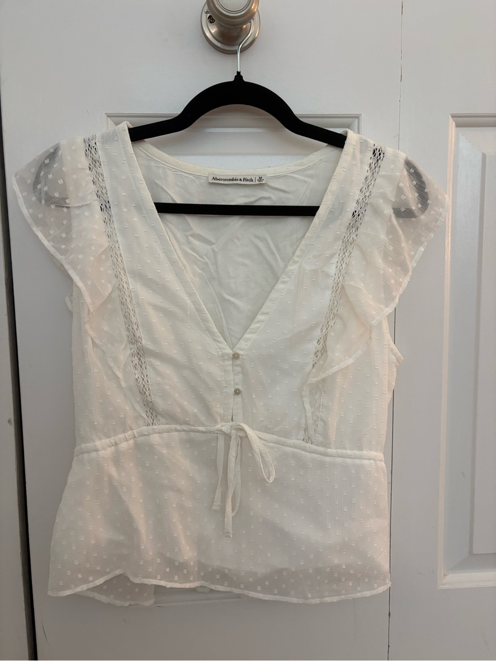 Abercrombie & Fitch White Swiss Dot Tie-Waist Flutter Sleeve Blouse